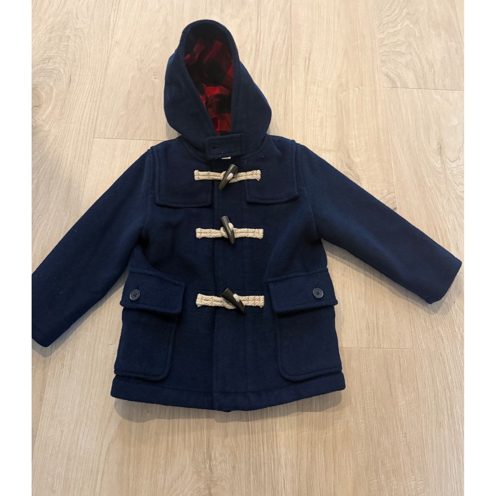 Baby Gap Coat Toddler 3T Navy Blue Toggle Hooded Plaid Lined Winter Jacket